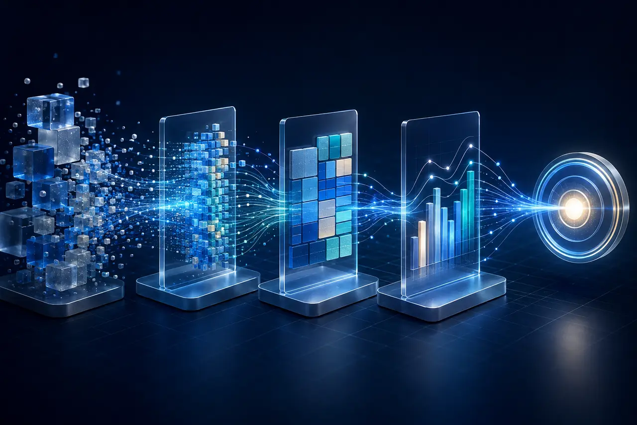 Abstract data pipeline transforming raw information into clear business insight