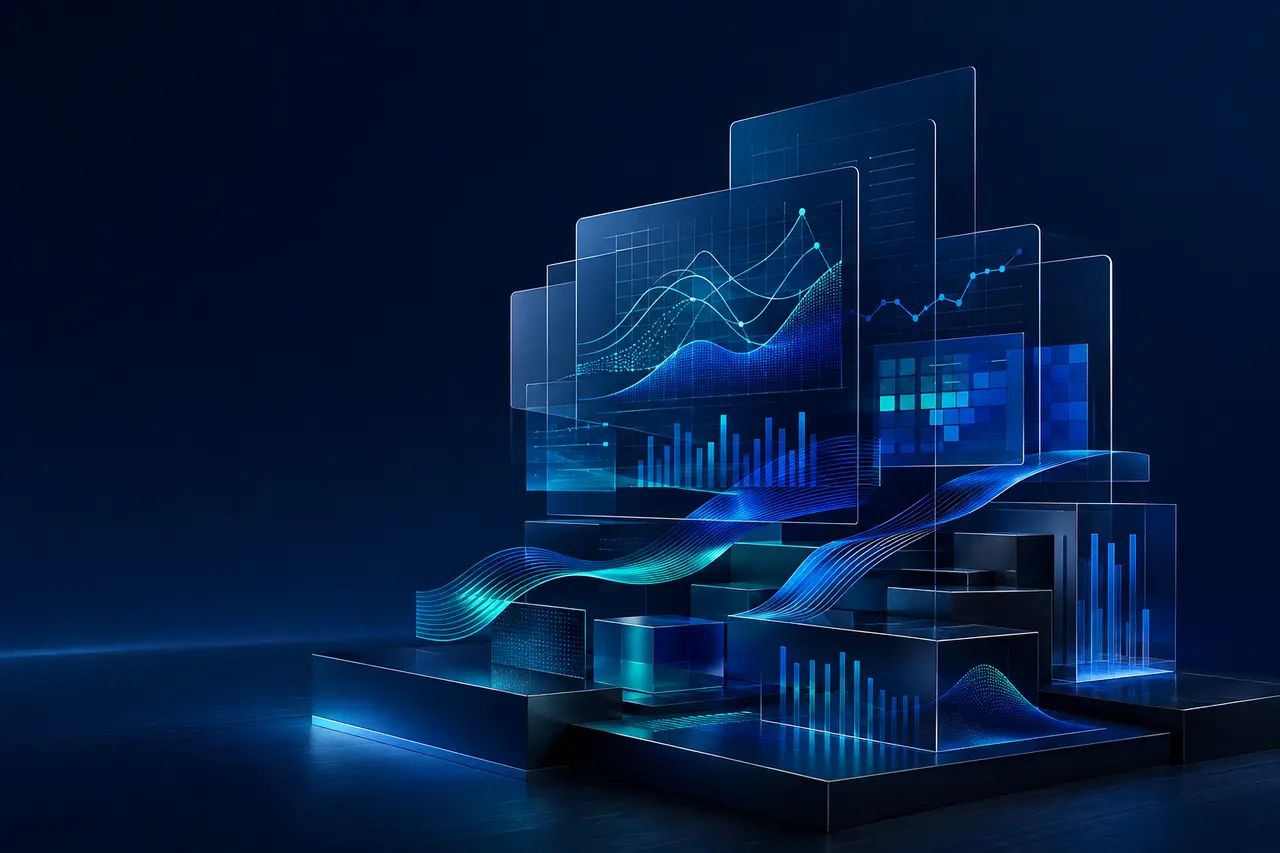 Abstract analytics dashboards and data visualizations in blue and teal